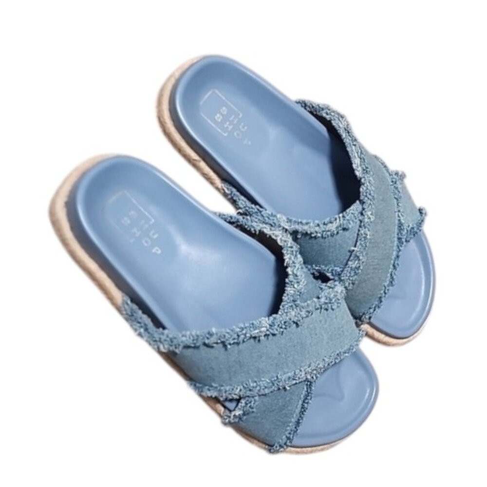 SHU SHOP Denim Blue Espadrille Slide Sandals 9 Frayed Criss Cross Straps Boho - Picture 4 of 14